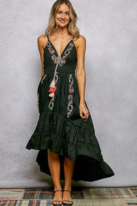 Embroidered Detail Tassel Tie Smocked Waist Dress