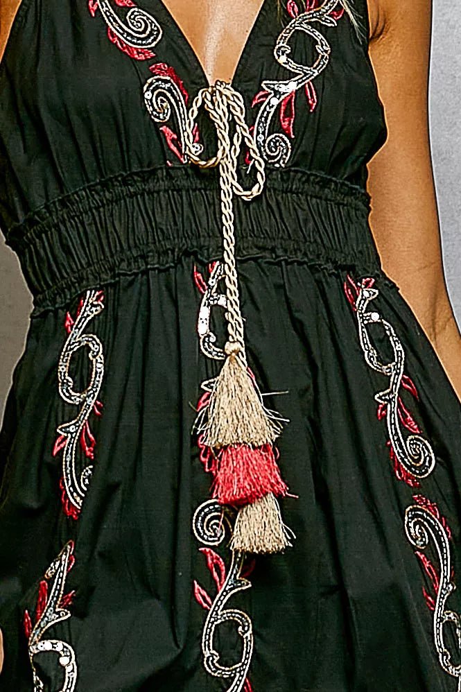 Embroidered Detail Tassel Tie Smocked Waist Dress