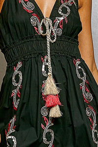 Embroidered Detail Tassel Tie Smocked Waist Dress