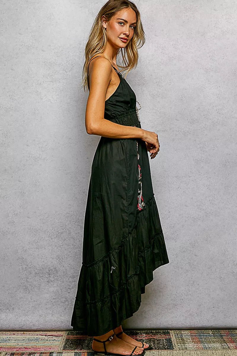 Embroidered Detail Tassel Tie Smocked Waist Dress