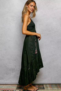 Embroidered Detail Tassel Tie Smocked Waist Dress