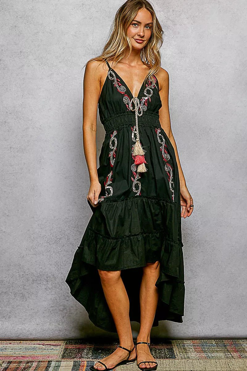 Embroidered Detail Tassel Tie Smocked Waist Dress