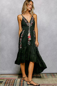 Embroidered Detail Tassel Tie Smocked Waist Dress