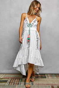 Embroidered Detail Tassel Tie Smocked Waist Midi Dress