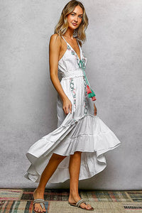 Embroidered Detail Tassel Tie Smocked Waist Midi Dress