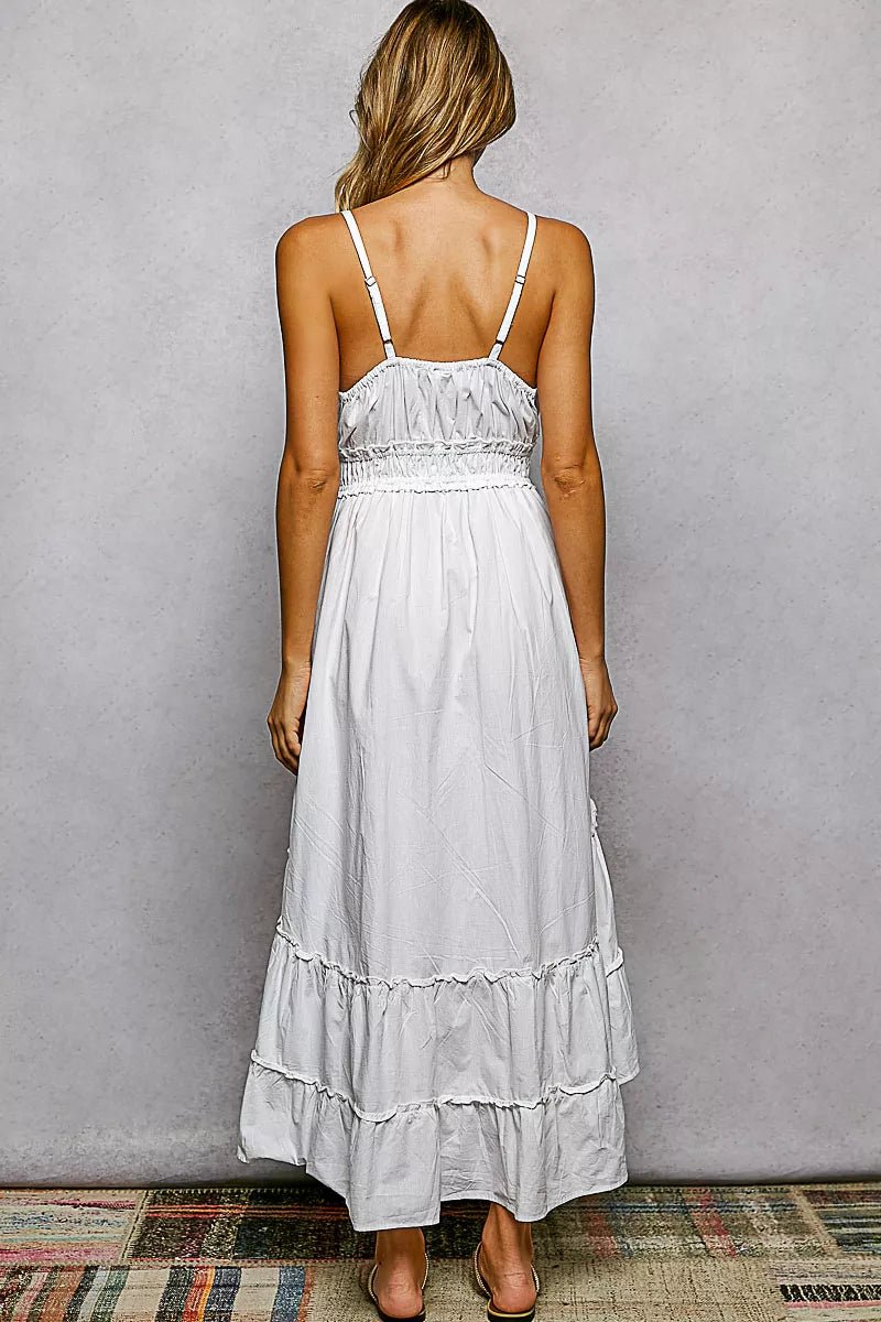 Embroidered Detail Tassel Tie Smocked Waist Midi Dress