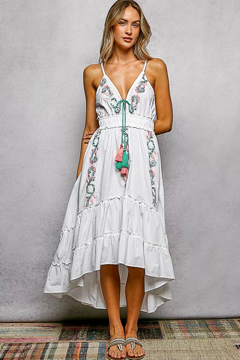 Embroidered Detail Tassel Tie Smocked Waist Midi Dress