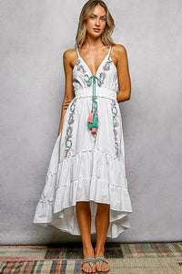 Embroidered Detail Tassel Tie Smocked Waist Midi Dress