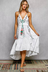 Embroidered Detail Tassel Tie Smocked Waist Midi Dress