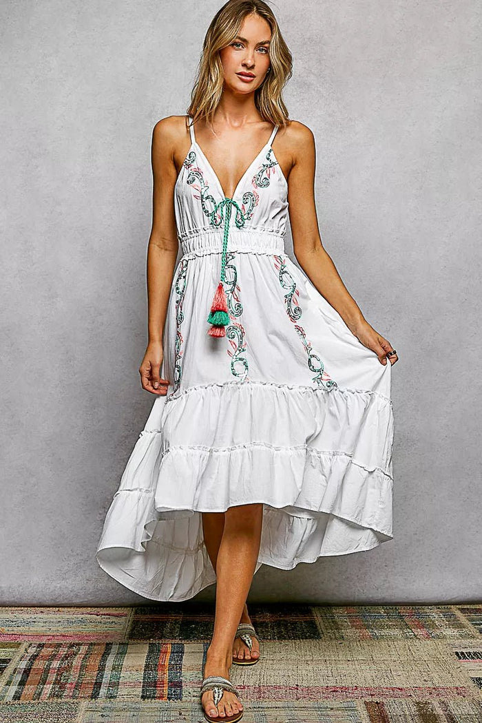 Embroidered Detail Tassel Tie Smocked Waist Midi Dress