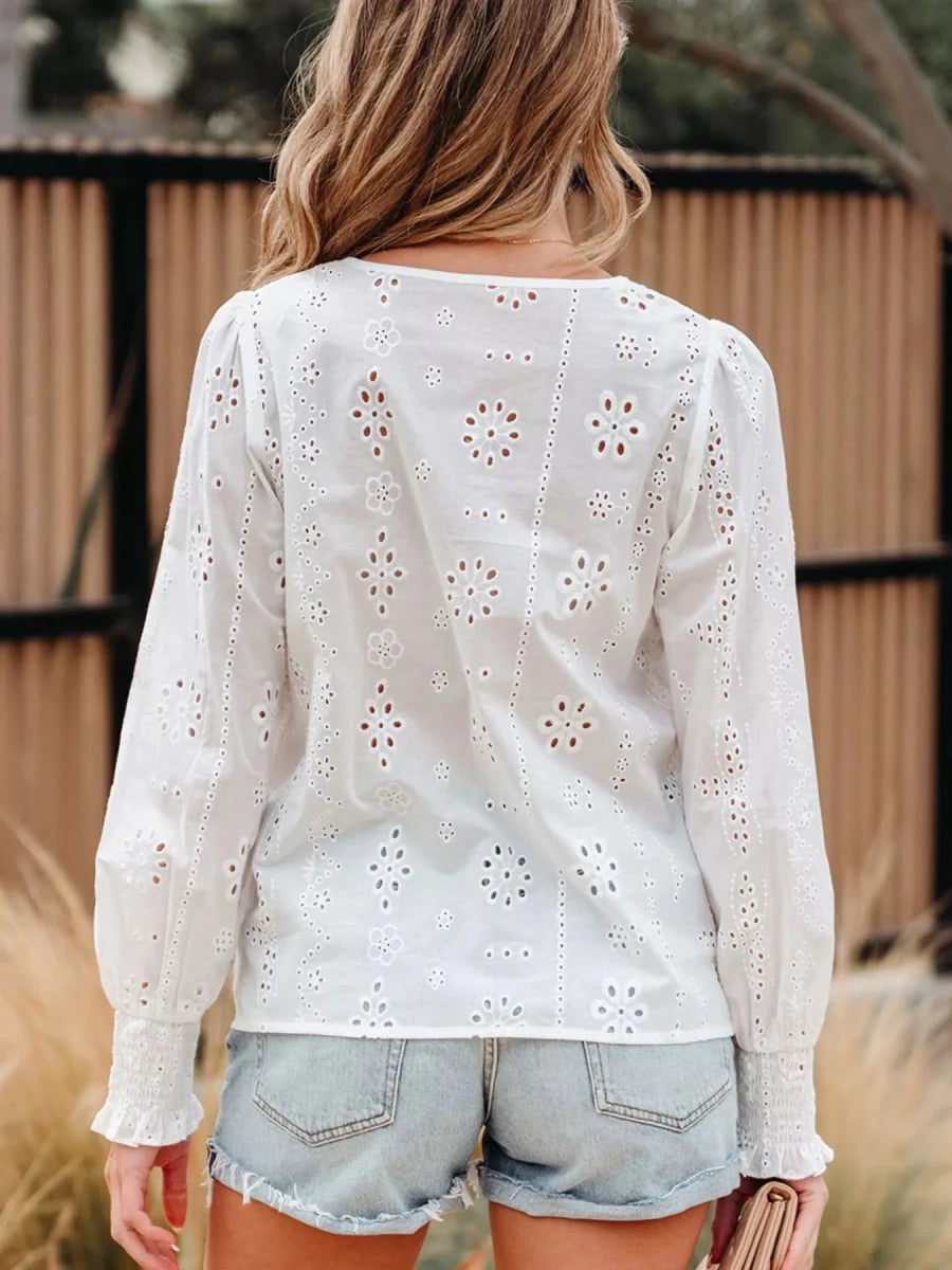 Eyelet Embroidered Smocked Cuff Sheer Blouse