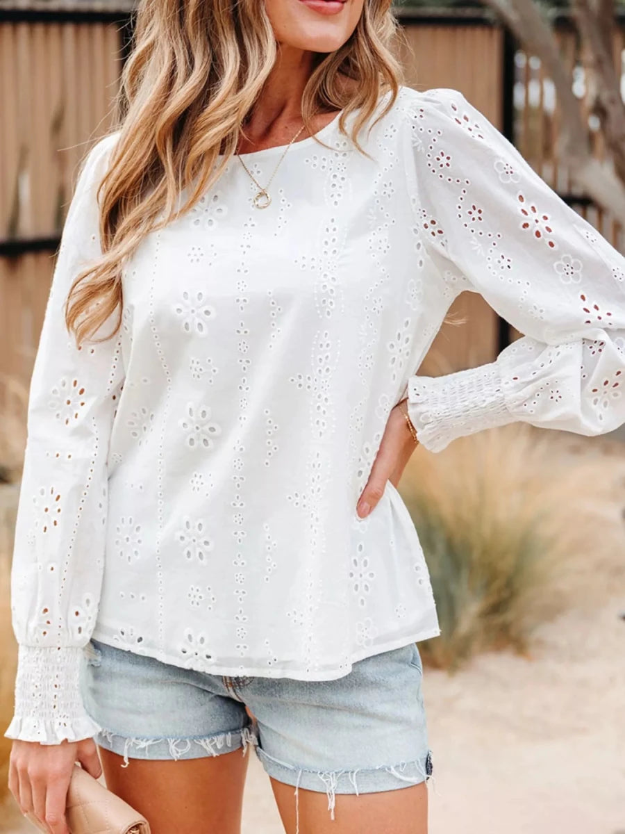 Eyelet Embroidered Smocked Cuff Sheer Blouse