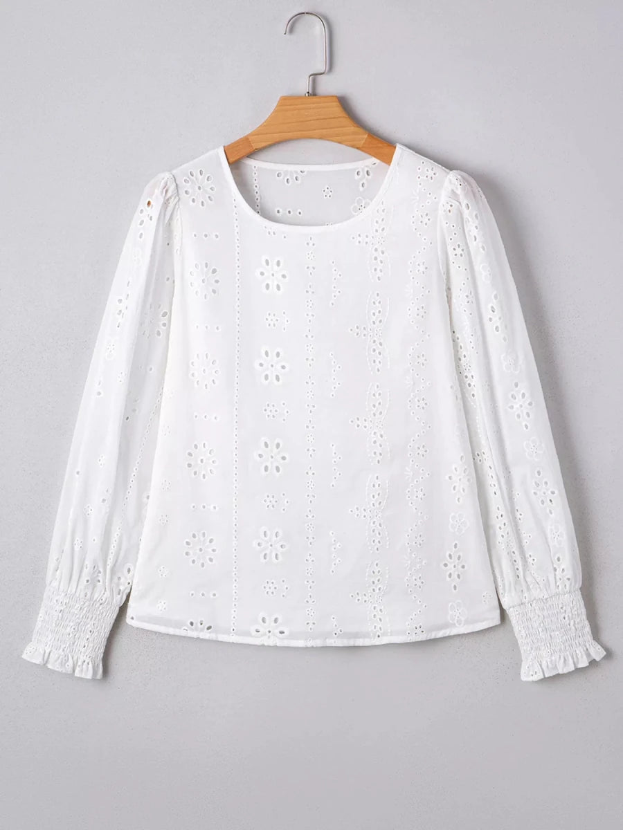 Eyelet Embroidered Smocked Cuff Sheer Blouse