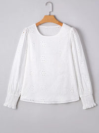 Eyelet Embroidered Smocked Cuff Sheer Blouse