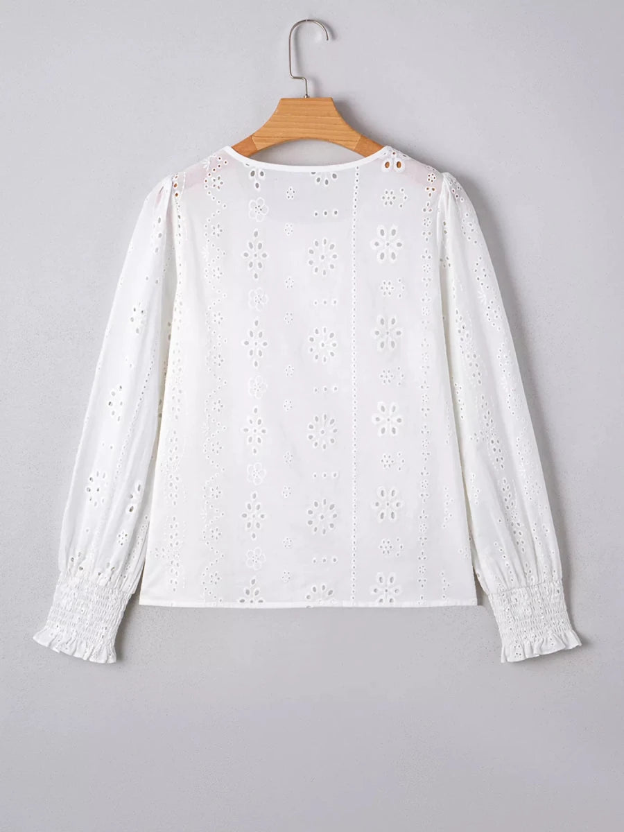 Eyelet Embroidered Smocked Cuff Sheer Blouse