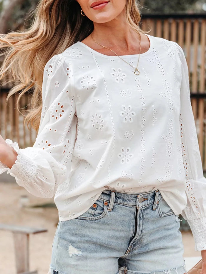 Eyelet Embroidered Smocked Cuff Sheer Blouse