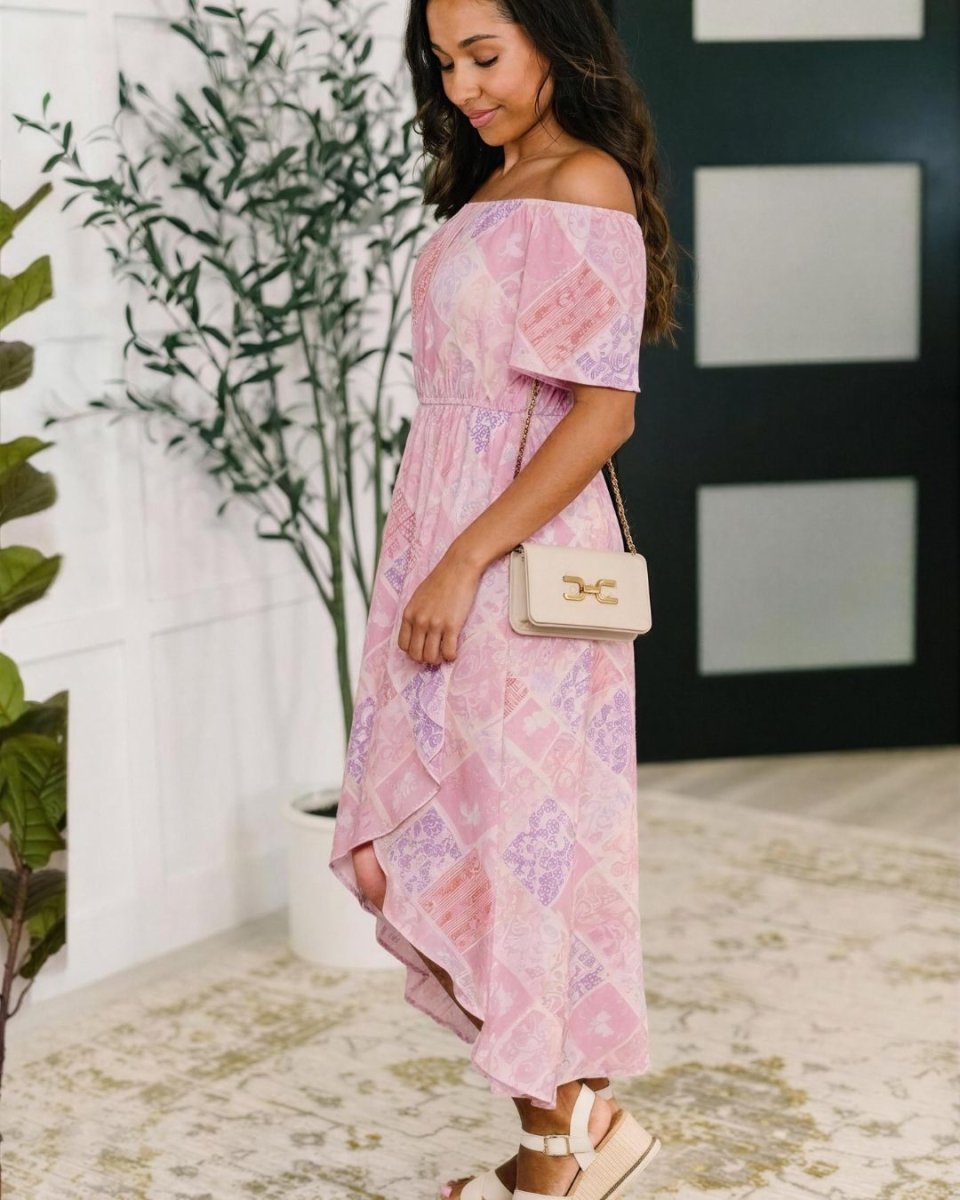 Feminine Pink Floral Off The Shoulder Dress