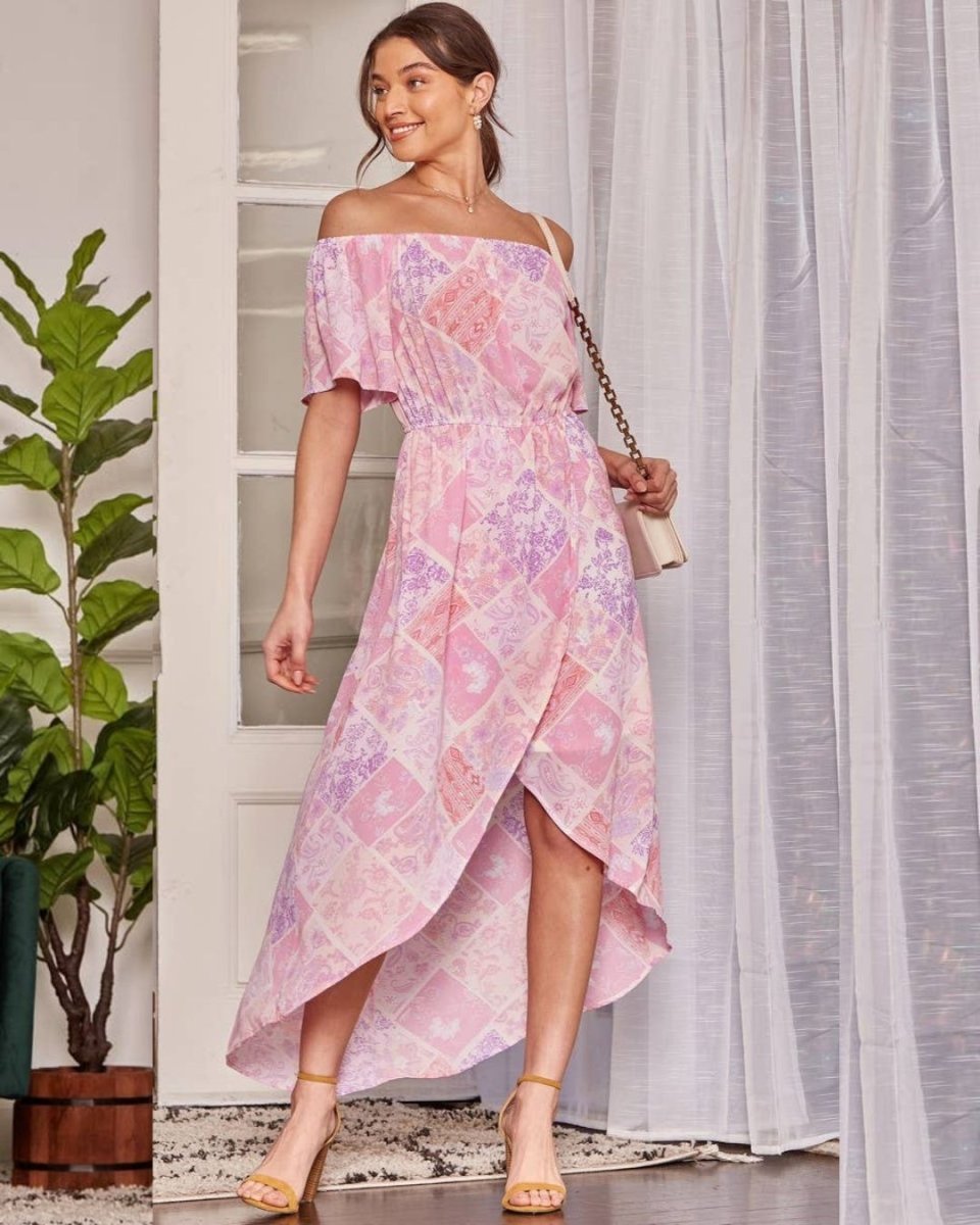 Feminine Pink Floral Off The Shoulder Dress