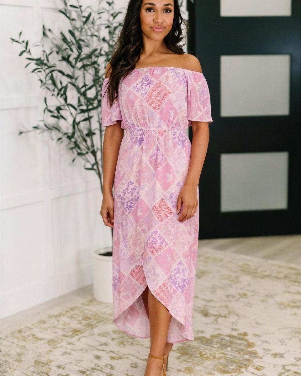 Feminine Pink Floral Off The Shoulder Dress