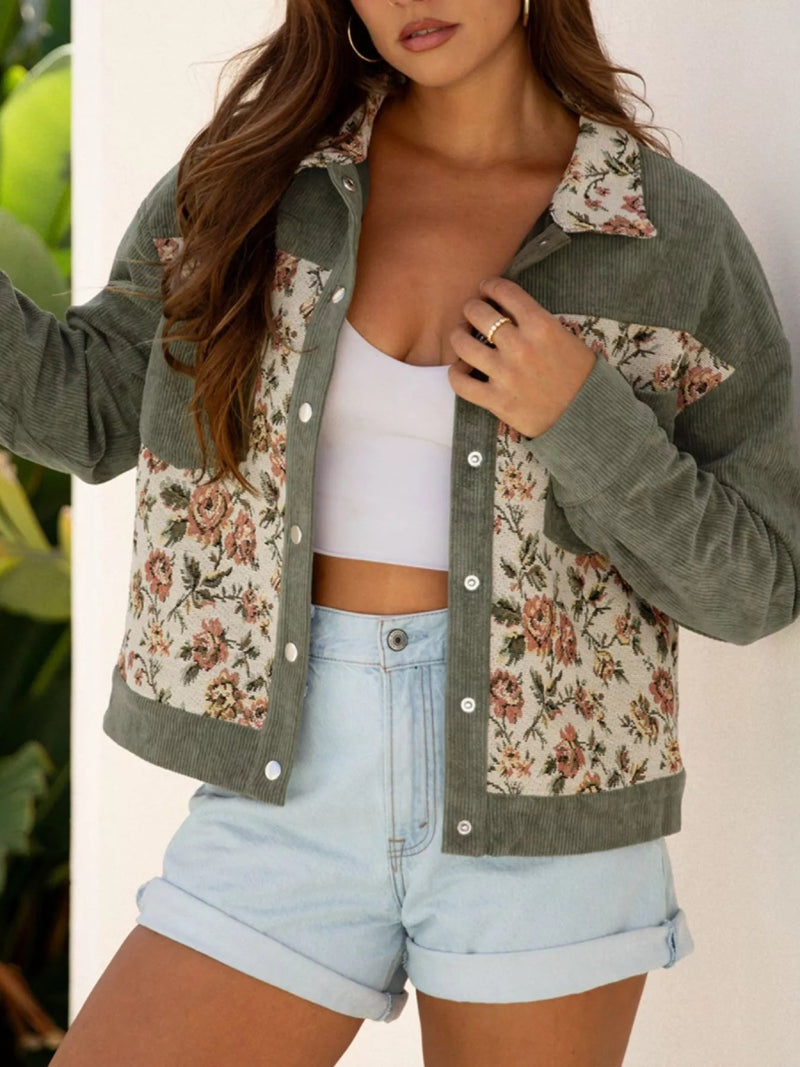 Floral Snap Down Corduroy Jacket