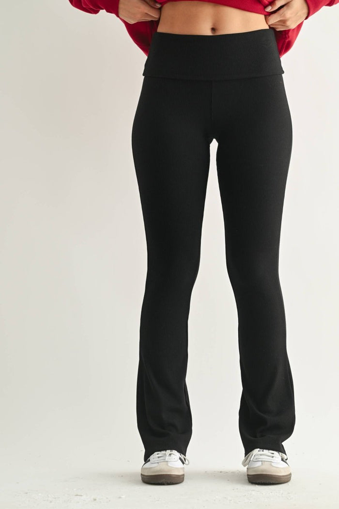 Foldover Ribbed Flare Yoga Pants In Black