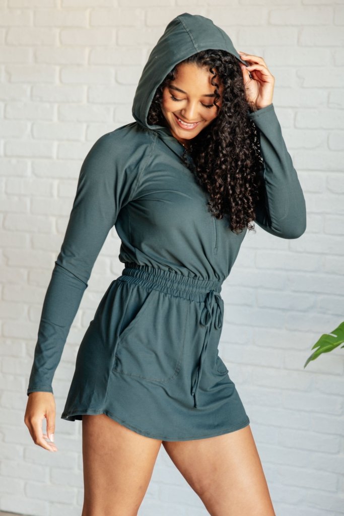 Getting Out Long Sleeve Hoodie Romper in Smoked Spruce - Minnie's Treasure Boutique