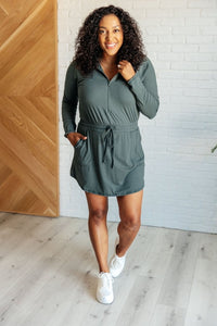 Getting Out Long Sleeve Hoodie Romper in Smoked Spruce - Minnie's Treasure Boutique