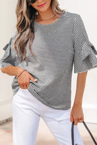 Gingham Bow Half Sleeve Blouse