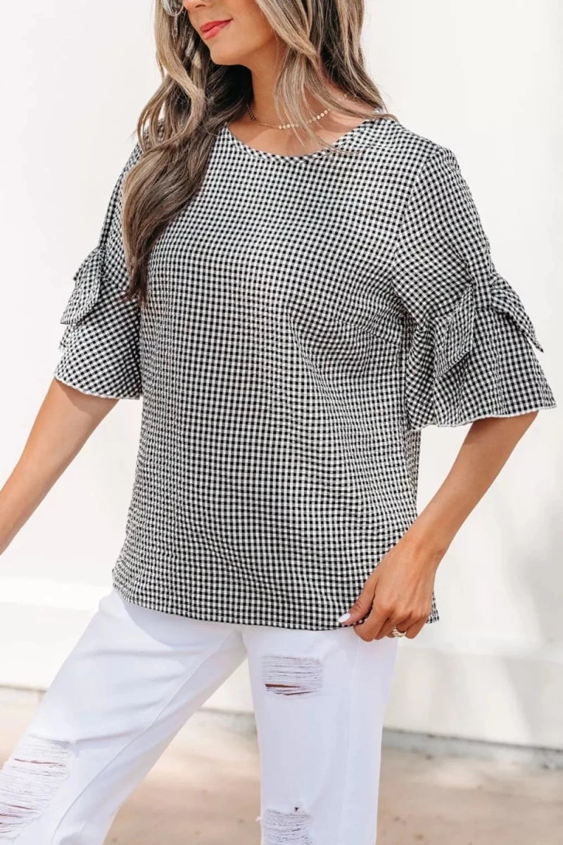 Gingham Bow Half Sleeve Blouse