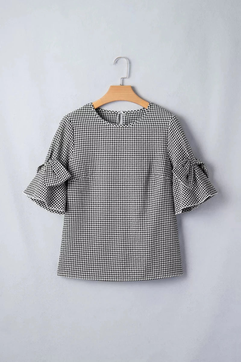 Gingham Bow Half Sleeve Blouse