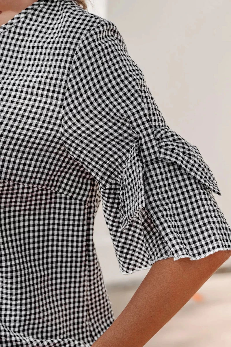 Gingham Bow Half Sleeve Blouse
