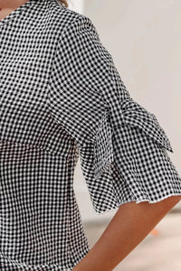 Gingham Bow Half Sleeve Blouse