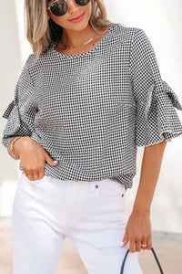 Gingham Bow Half Sleeve Blouse