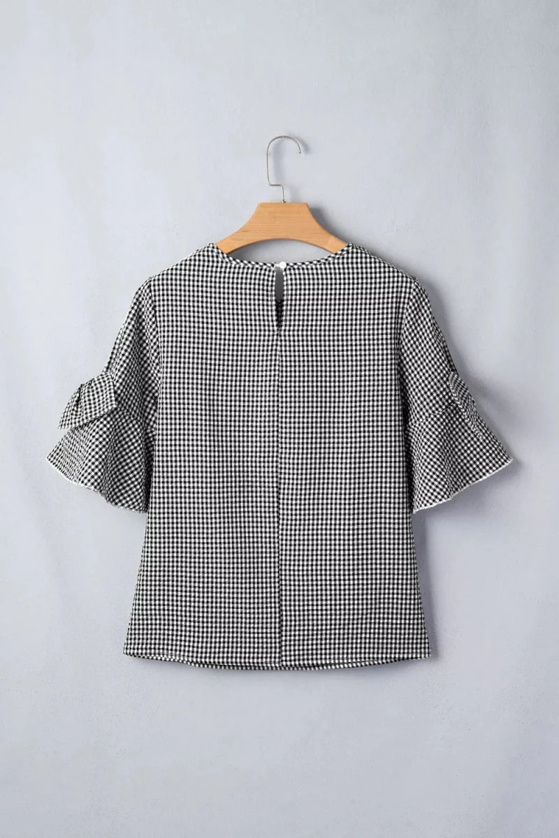 Gingham Bow Half Sleeve Blouse