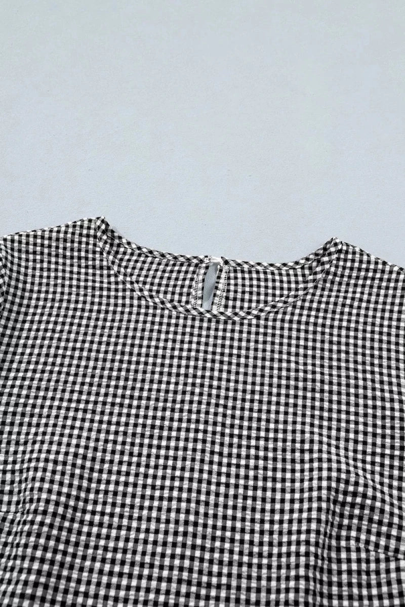 Gingham Bow Half Sleeve Blouse