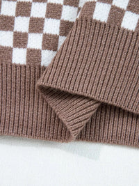 Half Button Ribbed Trim Checker Knit Sweater