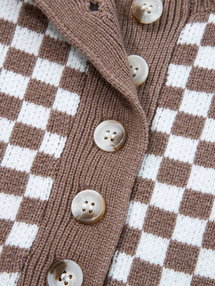 Half Button Ribbed Trim Checker Knit Sweater