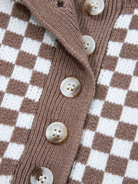 Half Button Ribbed Trim Checker Knit Sweater