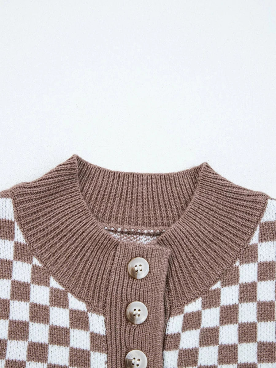 Half Button Ribbed Trim Checker Knit Sweater