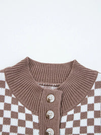 Half Button Ribbed Trim Checker Knit Sweater