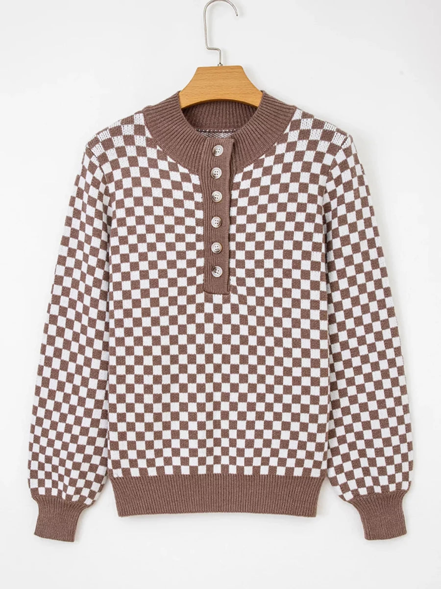 Half Button Ribbed Trim Checker Knit Sweater