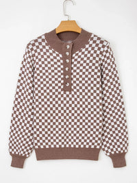 Half Button Ribbed Trim Checker Knit Sweater