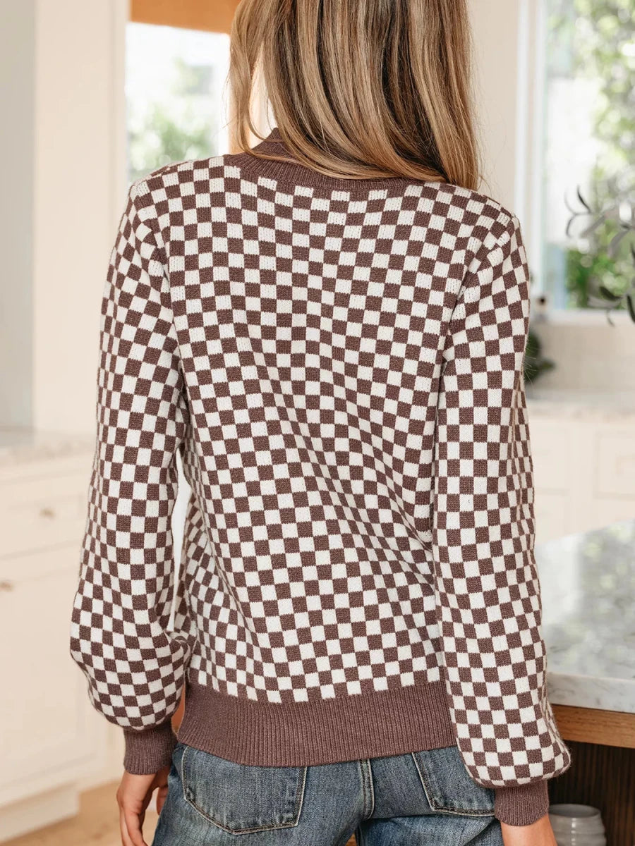 Half Button Ribbed Trim Checker Knit Sweater