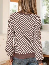 Half Button Ribbed Trim Checker Knit Sweater