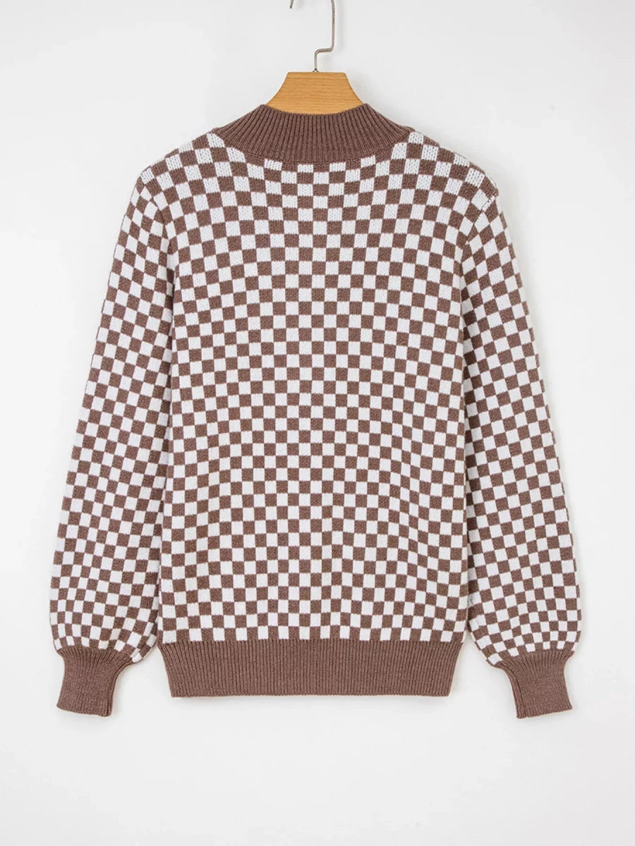 Half Button Ribbed Trim Checker Knit Sweater