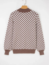 Half Button Ribbed Trim Checker Knit Sweater