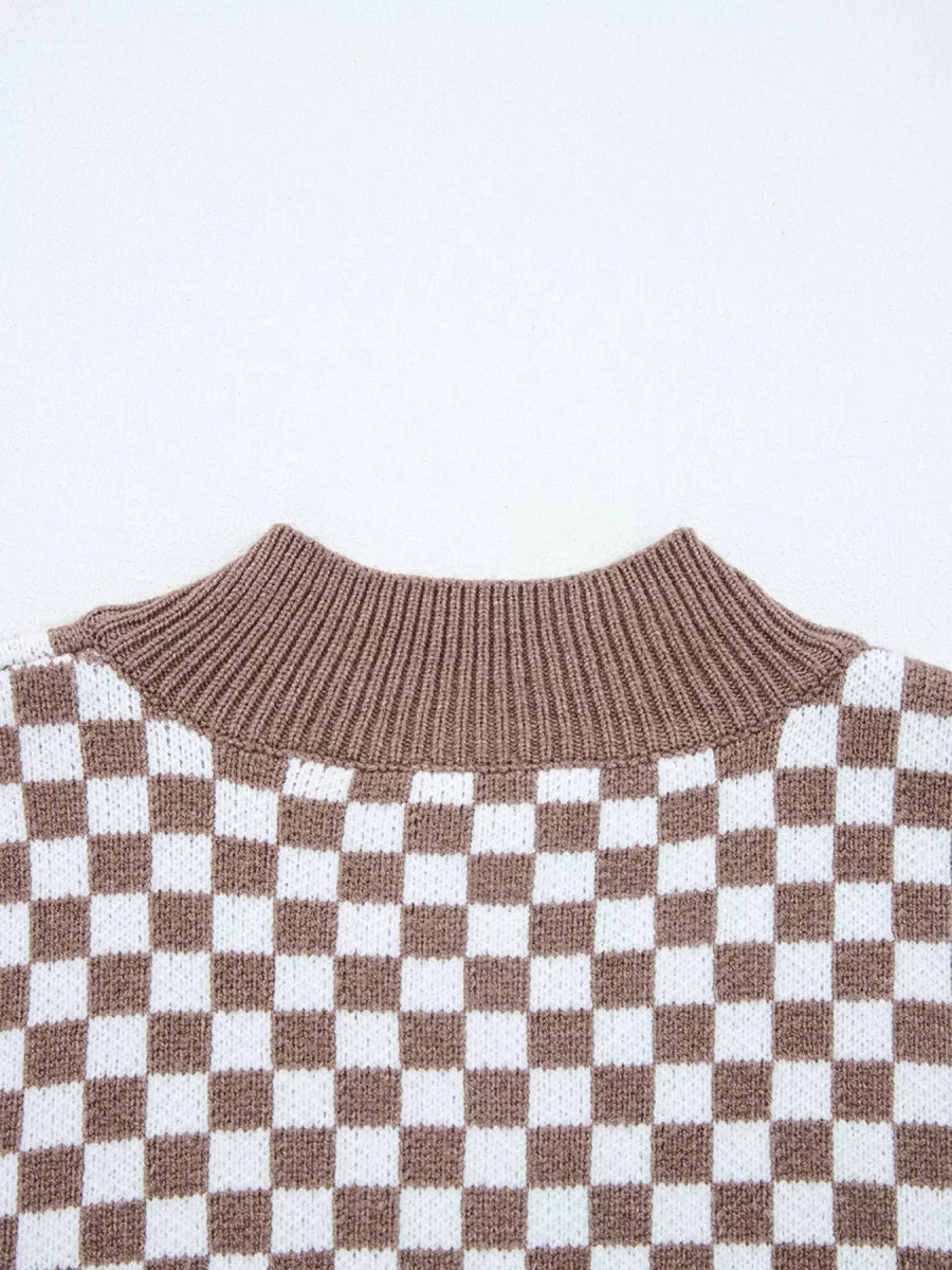 Half Button Ribbed Trim Checker Knit Sweater
