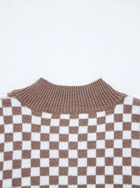 Half Button Ribbed Trim Checker Knit Sweater