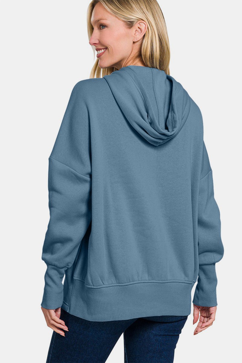 Half Snap Long Sleeve Hoodie with Kangaroo Pocket