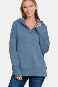 Half Snap Long Sleeve Hoodie with Kangaroo Pocket